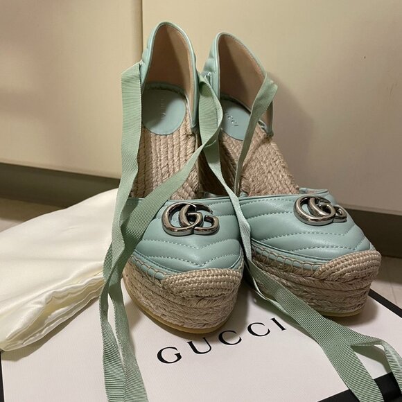 Gucci Ankle Tie Wedge Platform Espadrille Sandals - Picture 2 of 5